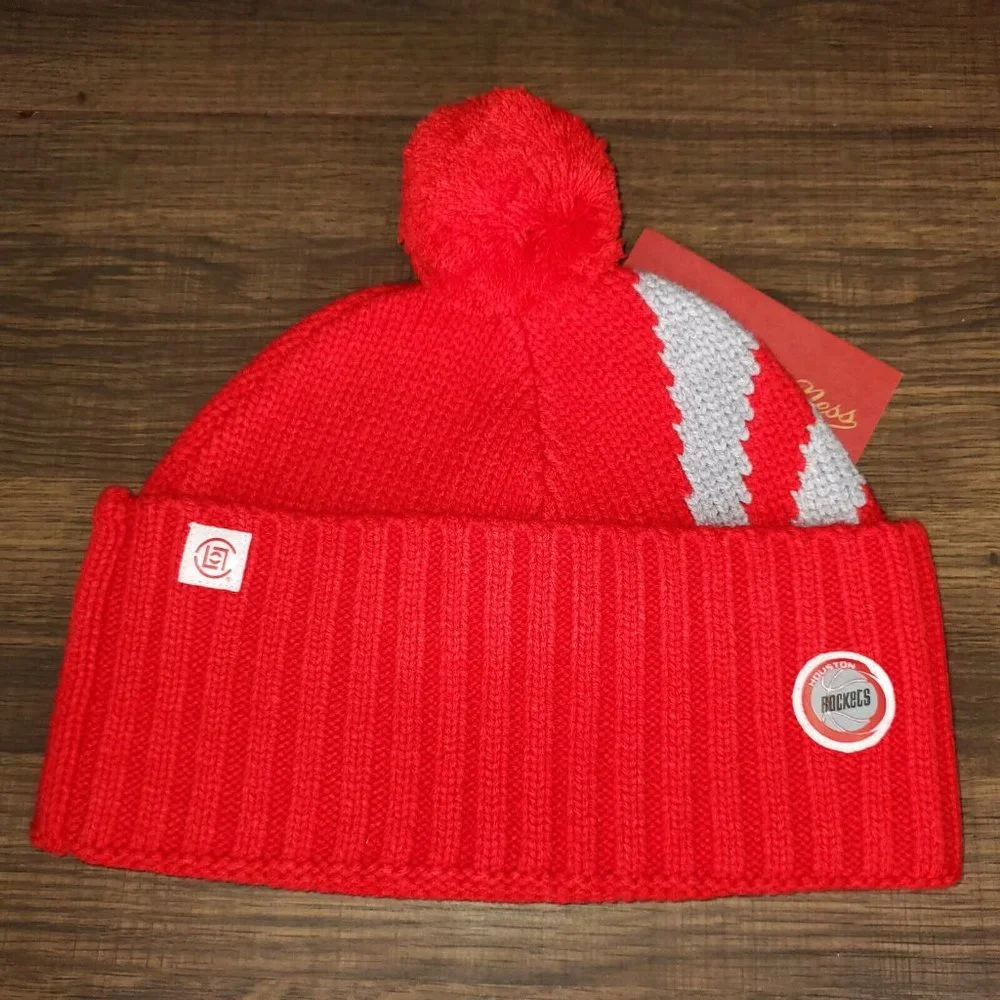 Houston Rockets CLOT Mitchell & Ness‎ NBA Cuff Knit Beanie Cap Pom Red Hat NWT